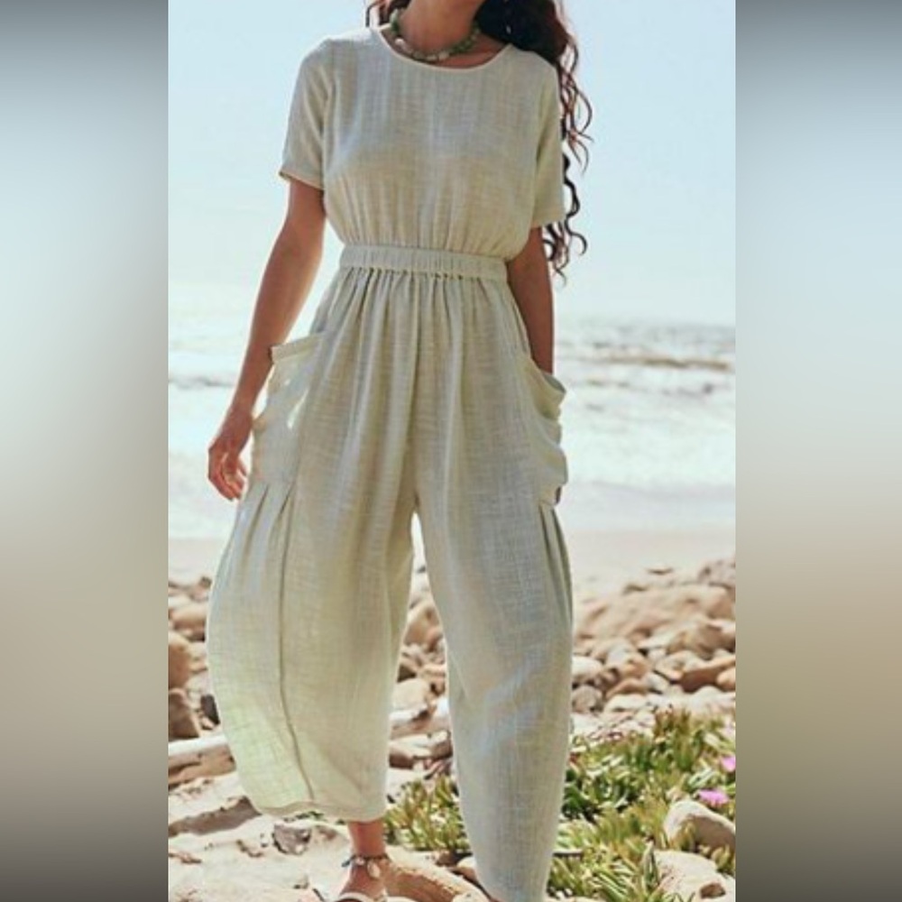 Free People Happy To Be Here Jumpsuit Women S/P Cream Barrel Wide Leg Beach
